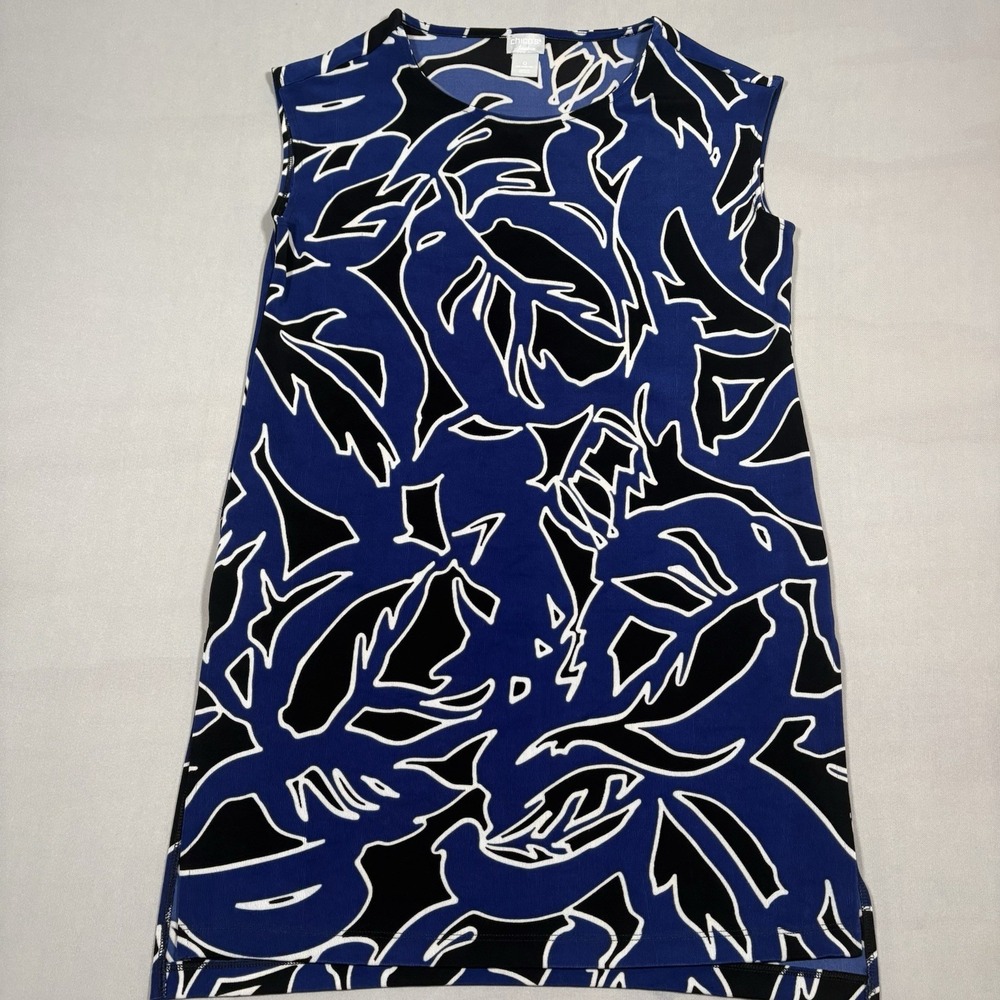 Chicos Travelers Tunic Top Womens 4/6 Blue Black Abstract Leaf Sleeveless